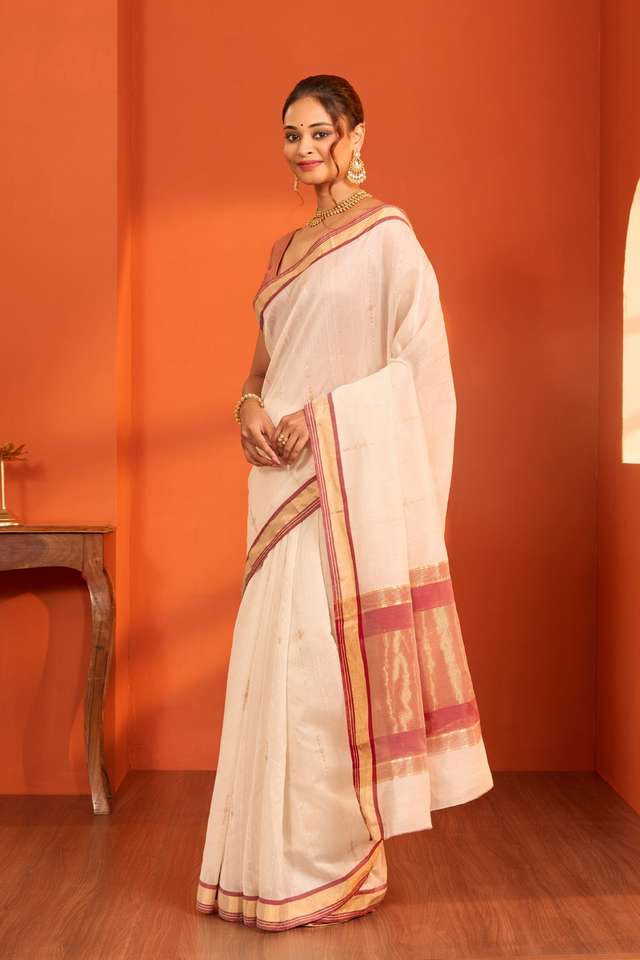 Off White Woven Pure Silk Cotton Chanderi Saree thumbnail image number null