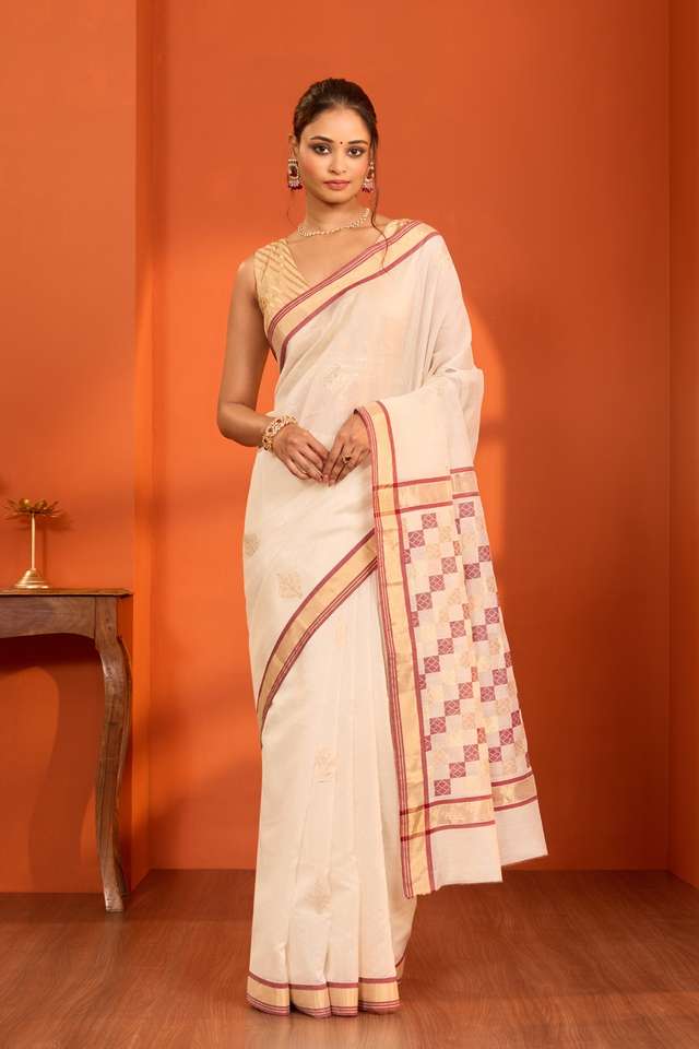Off White Woven Pure Silk Cotton Chanderi Saree thumbnail image number null