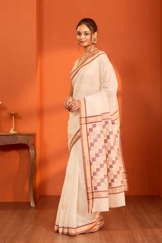 Off White Woven Pure Silk Cotton Chanderi Saree thumbnail image number null