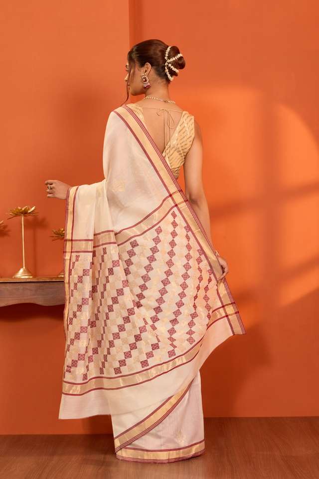 Off White Woven Pure Silk Cotton Chanderi Saree thumbnail image number null