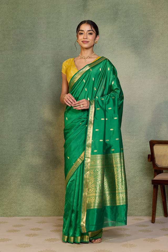 Green Silk Viscose Cutwork Banarasi Inspired Design Saree thumbnail image number null