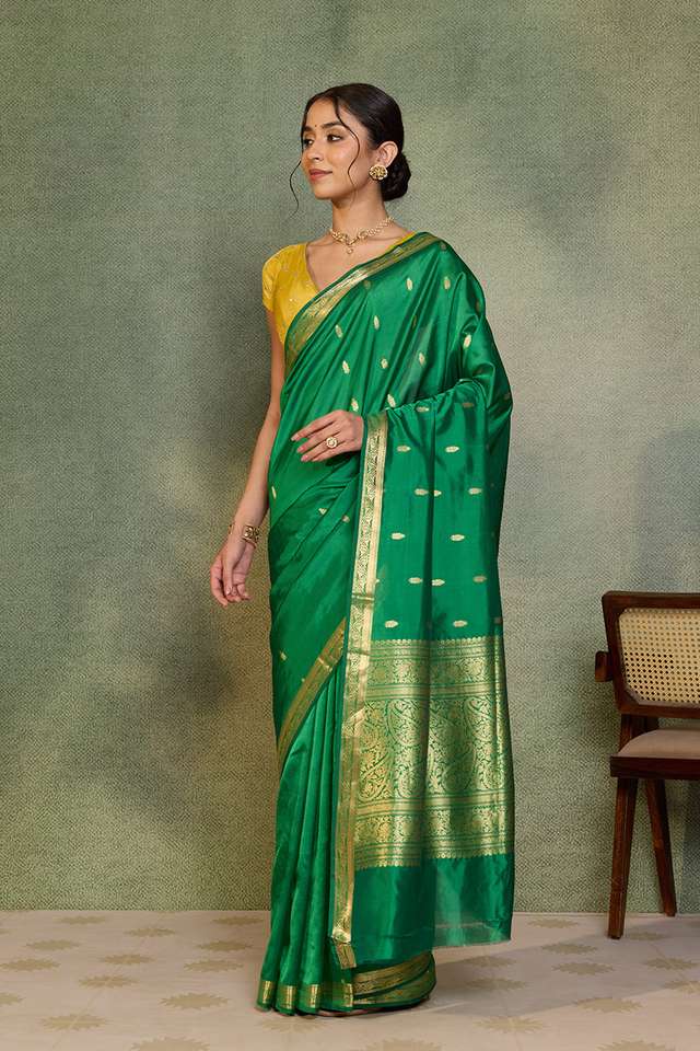 Green Silk Viscose Cutwork Banarasi Inspired Design Saree thumbnail image number null