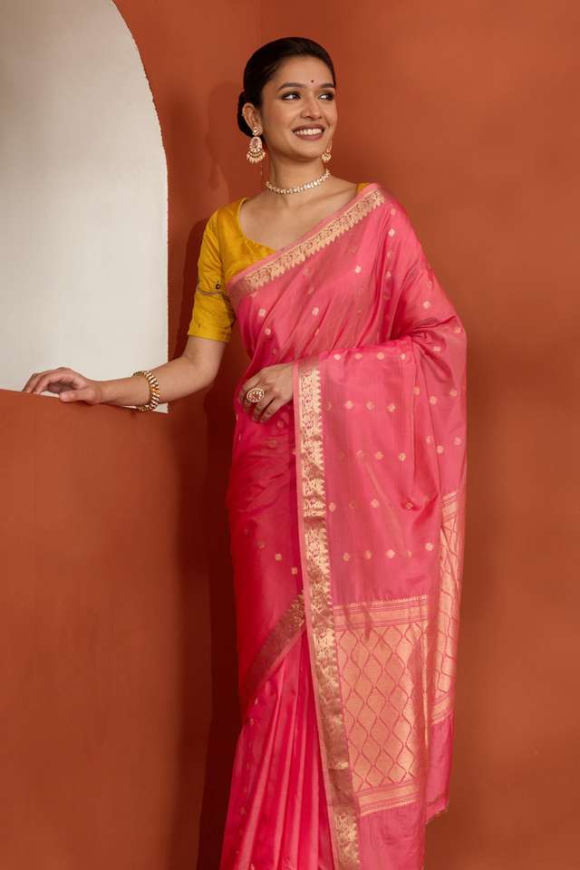 Pink Silk Viscose Cutwork Banaras Inspired Design Saree image number