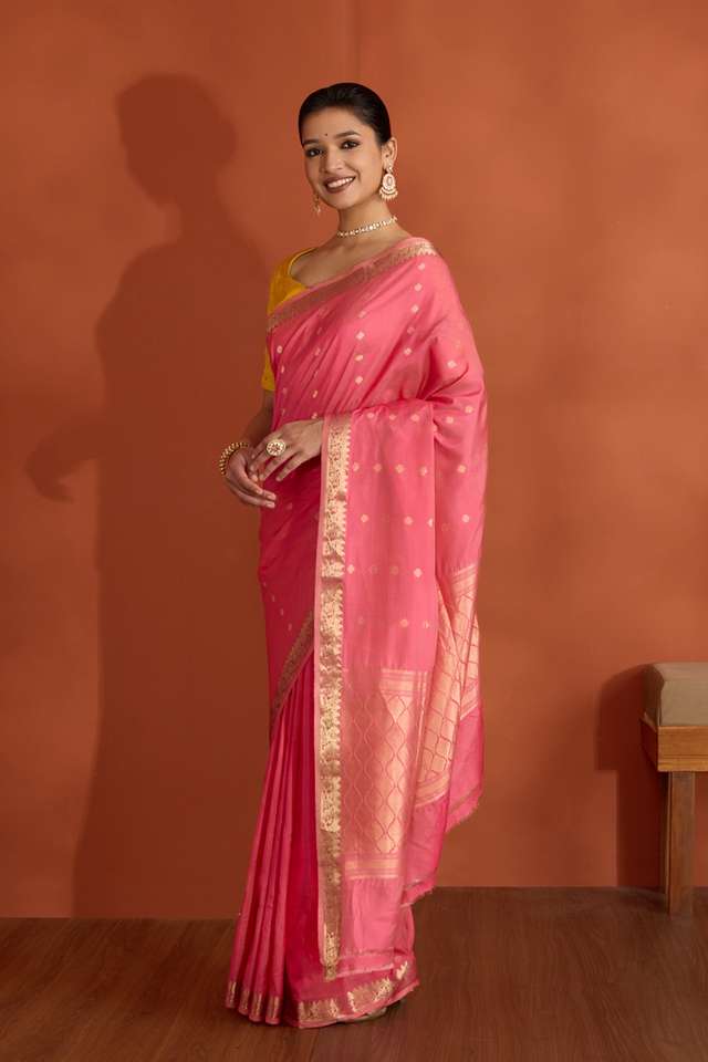 Pink Silk Viscose Cutwork Banaras Inspired Design Saree thumbnail image number null