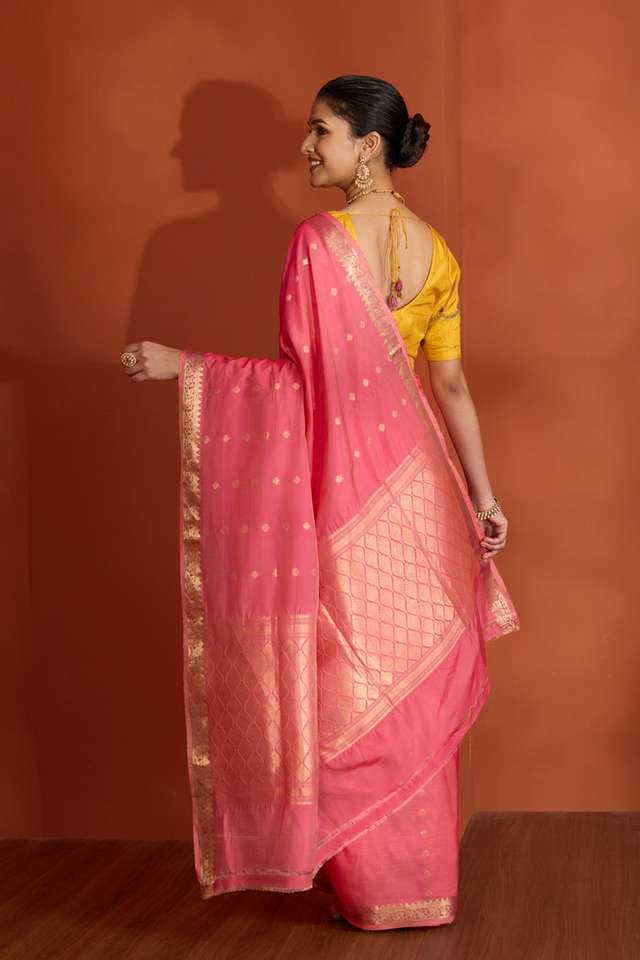 Pink Silk Viscose Cutwork Banaras Inspired Design Saree thumbnail image number null