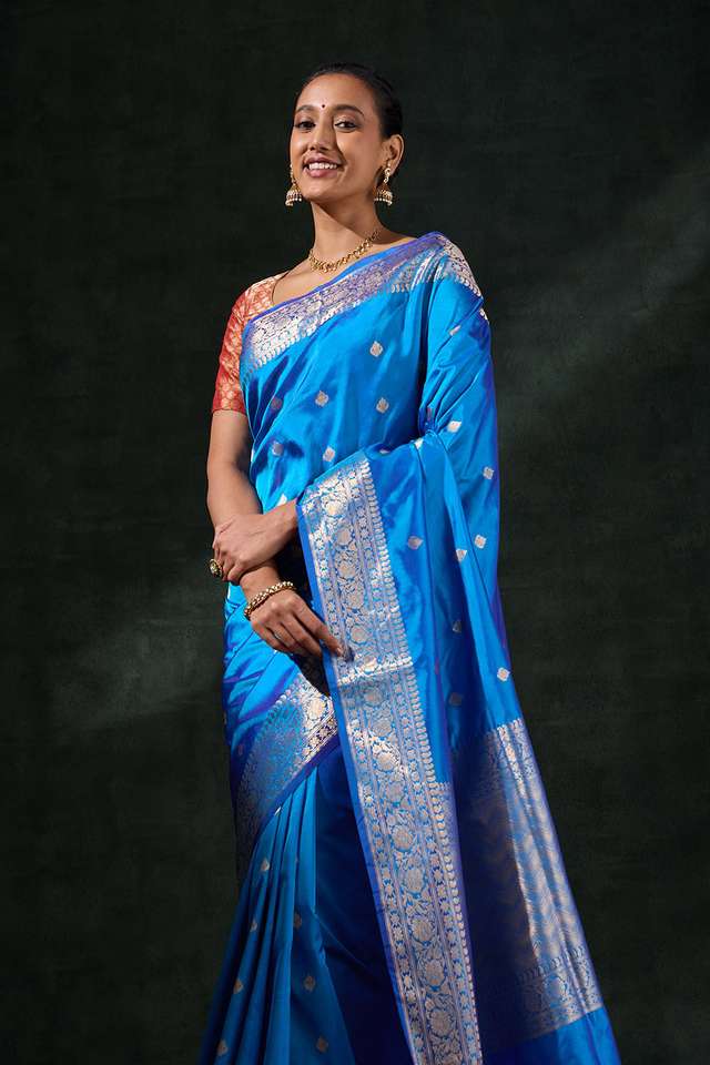 Dark Blue Silk Viscose Kadwa Saree thumbnail image number null