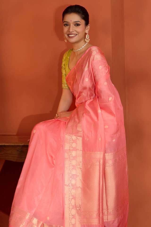 Pink Silk Viscose Kadwa Banaras Inspired Design Saree image number