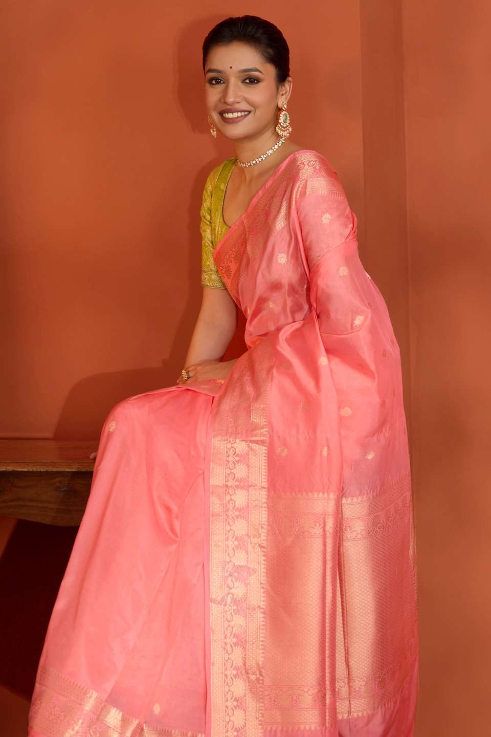 Pink Silk Viscose Kadwa Banaras Inspired Design Saree