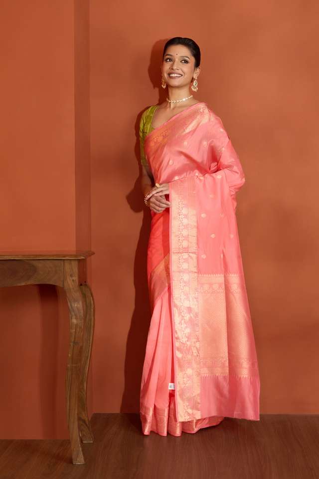 Pink Silk Viscose Kadwa Banaras Inspired Design Saree thumbnail image number null
