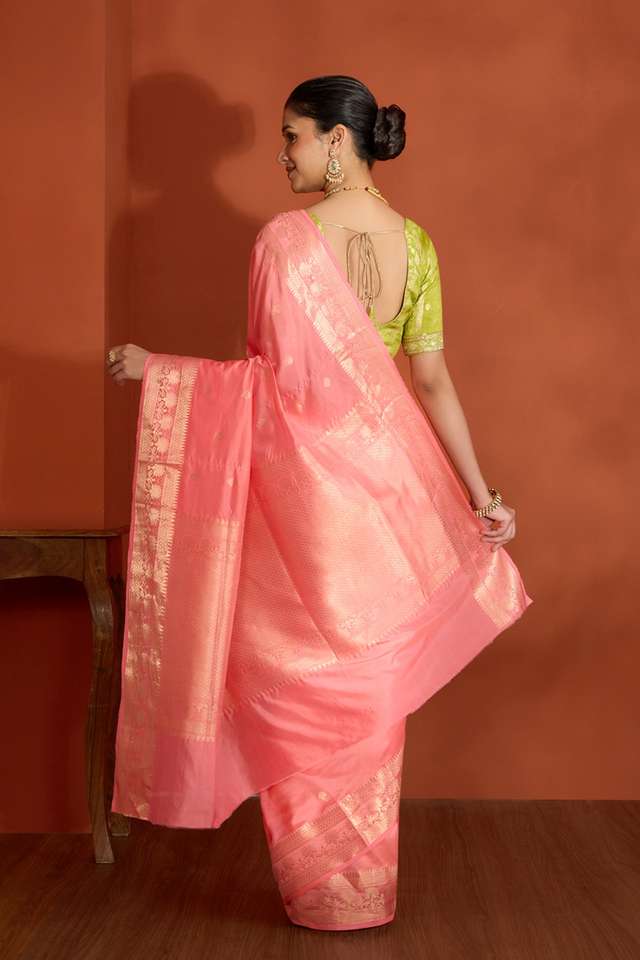 Pink Silk Viscose Kadwa Banaras Inspired Design Saree thumbnail image number null