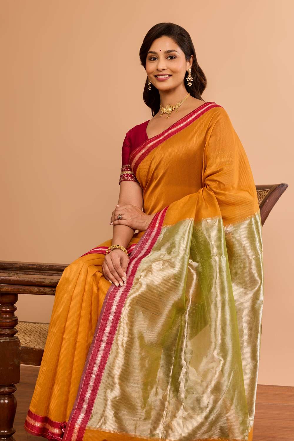 Orange Woven Pure Silk Cotton Maheshwari Saree image number null