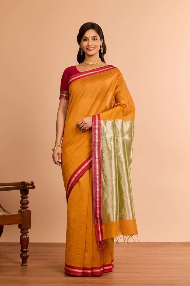 Orange Woven Pure Silk Cotton Maheshwari Saree thumbnail image number null