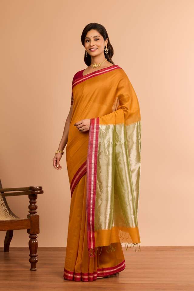 Orange Woven Pure Silk Cotton Maheshwari Saree thumbnail image number null