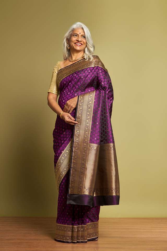Dark Violet Banaras Pure Silk Tanchoi Saree image number