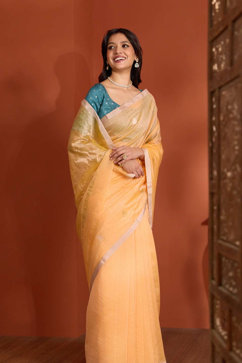 Light Orange Pure Silk Cotton Chanderi Woven Saree
