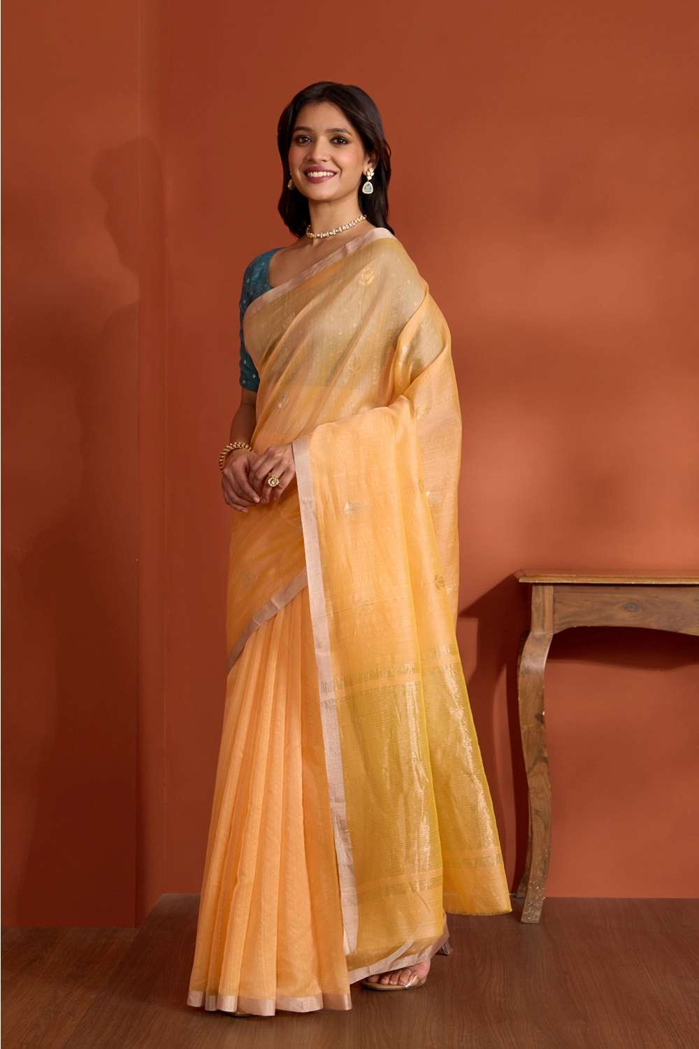 Light Orange Pure Silk Cotton Chanderi Woven Saree image number null