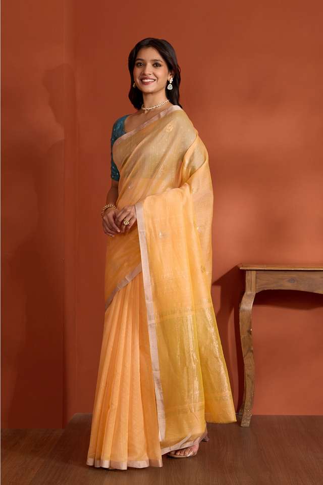 Light Orange Pure Silk Cotton Chanderi Woven Saree thumbnail image number null