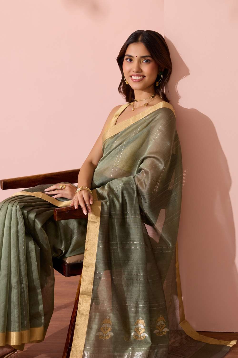 Dark Green Eknaliya Pure Silk Cotton Chanderi Saree image number null