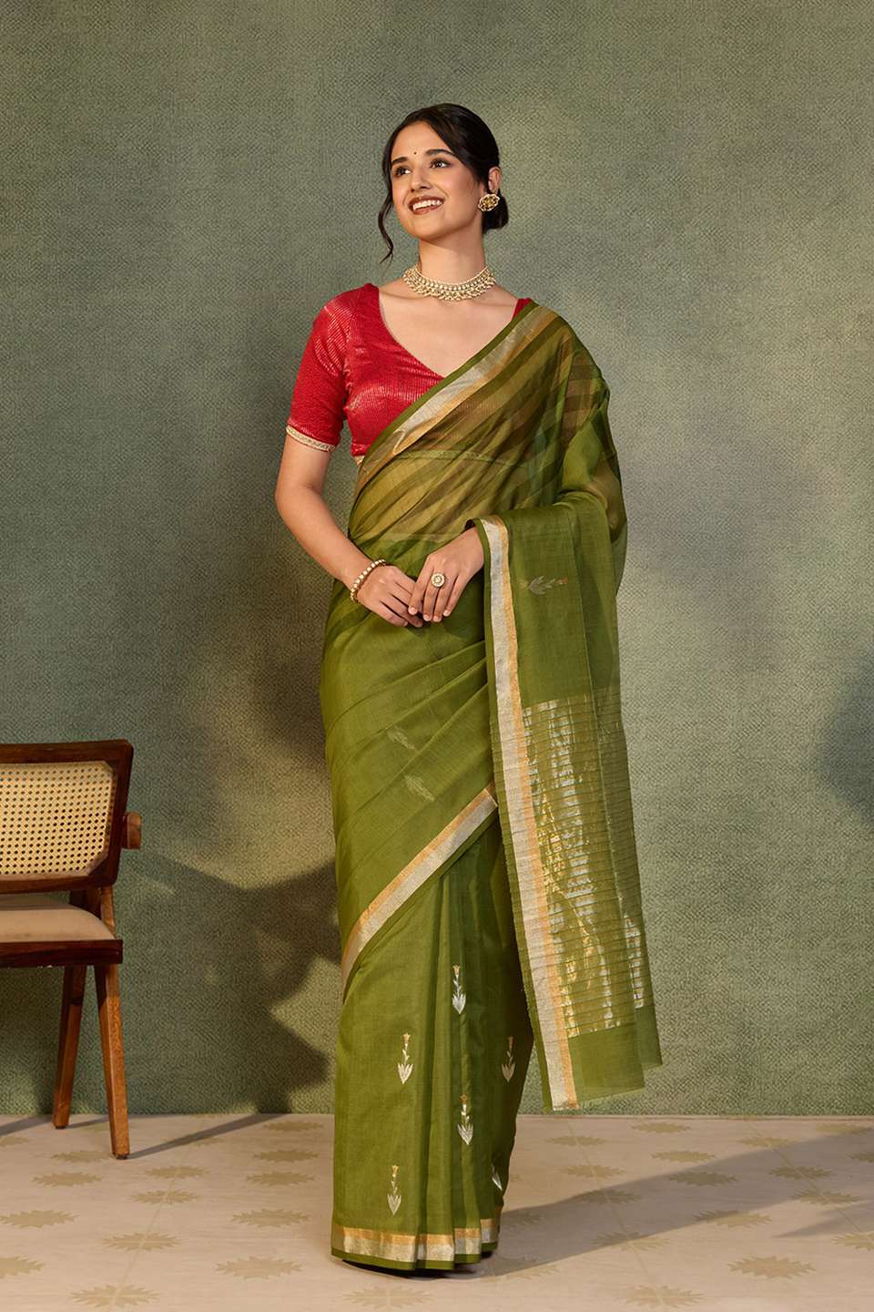 Dark Green Woven Pure Silk Cotton Chanderi Saree
