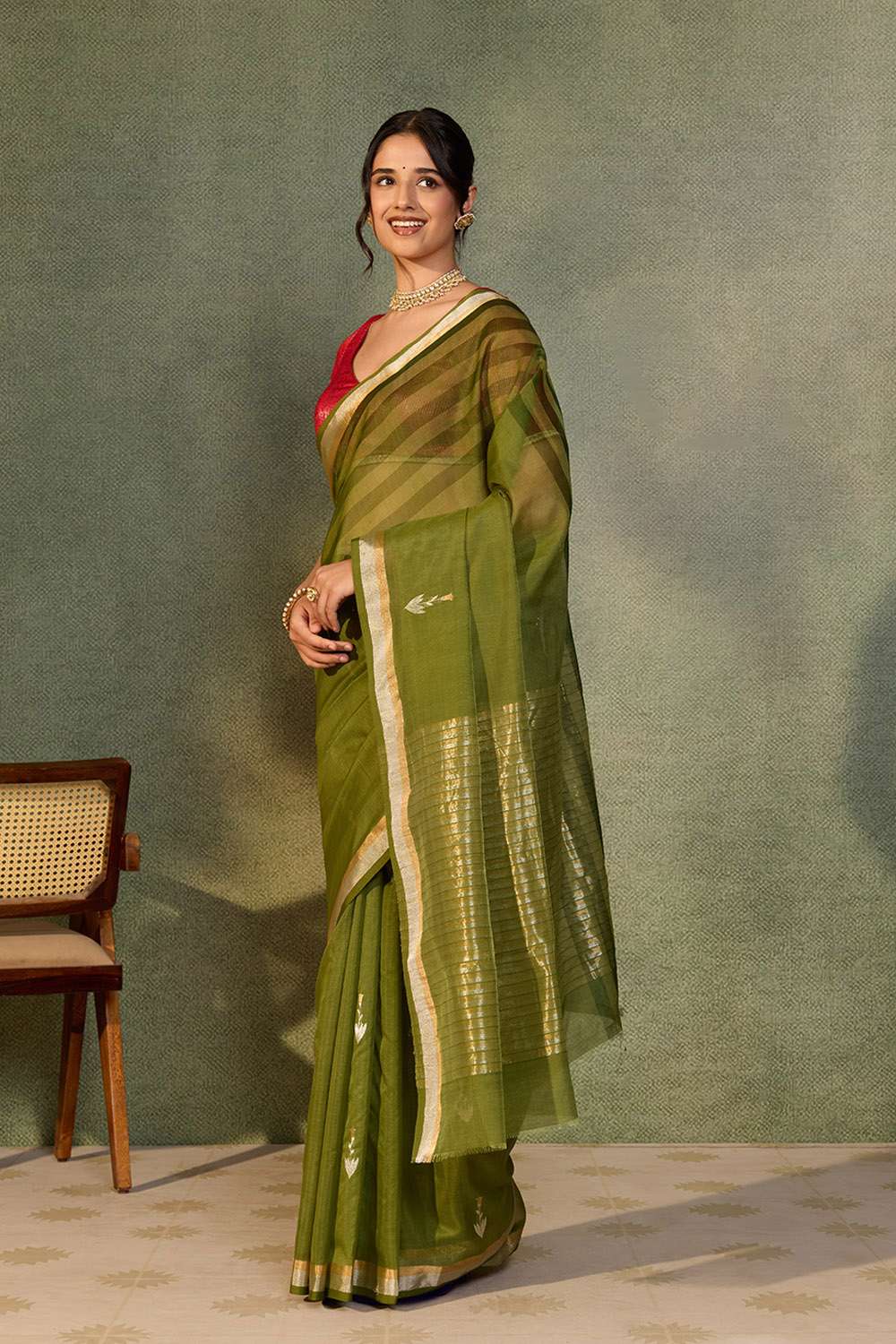 Dark Green Woven Pure Silk Cotton Chanderi Saree image number null