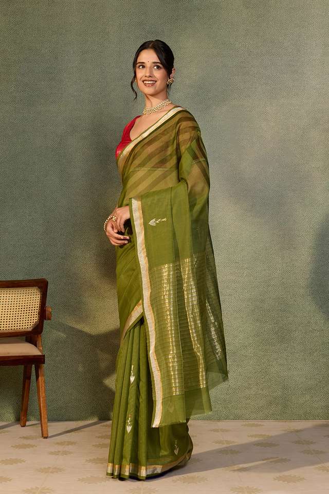 Dark Green Woven Pure Silk Cotton Chanderi Saree thumbnail image number null