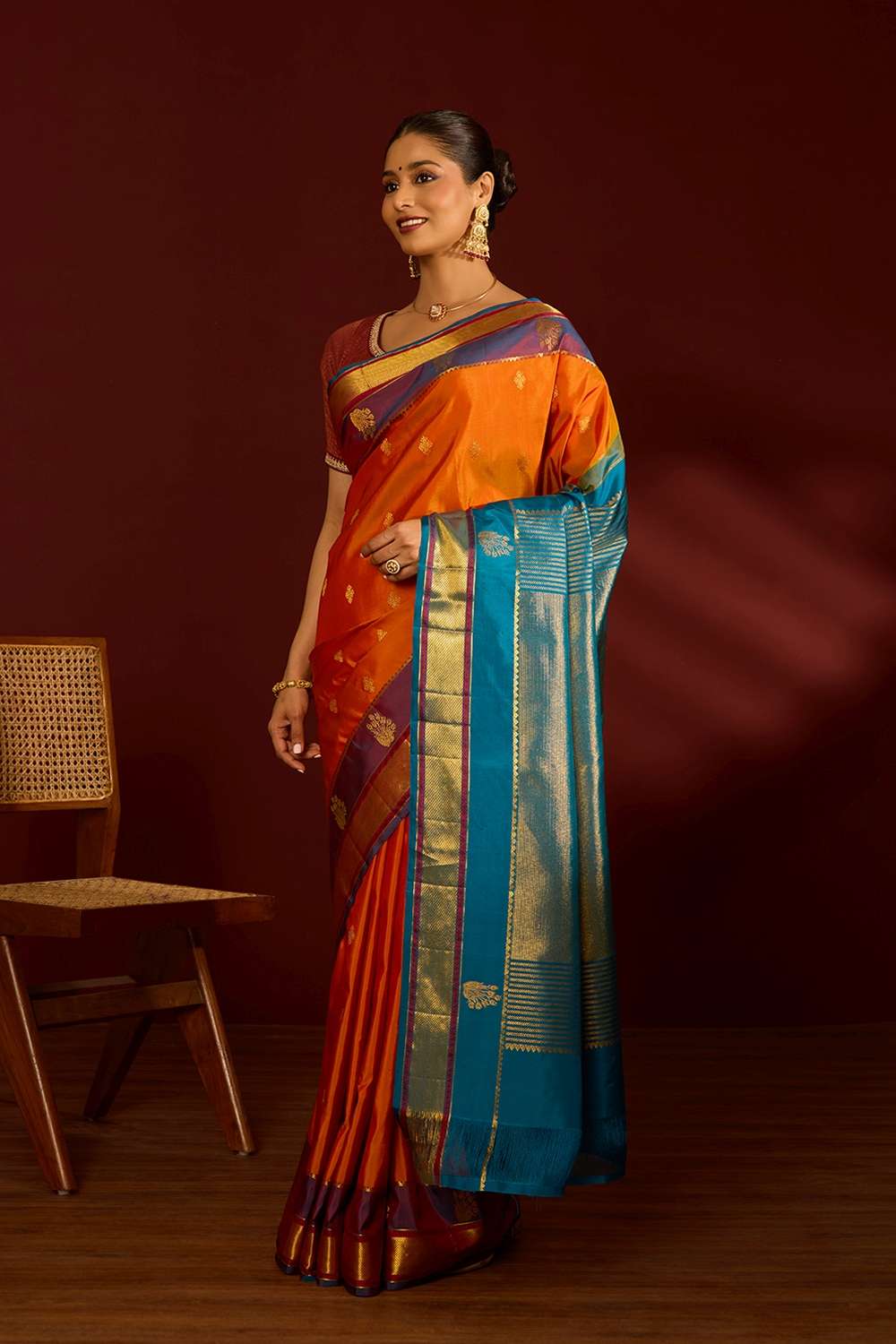 Dark Orange Pure Silk Woven Kanjivaram Saree image number null