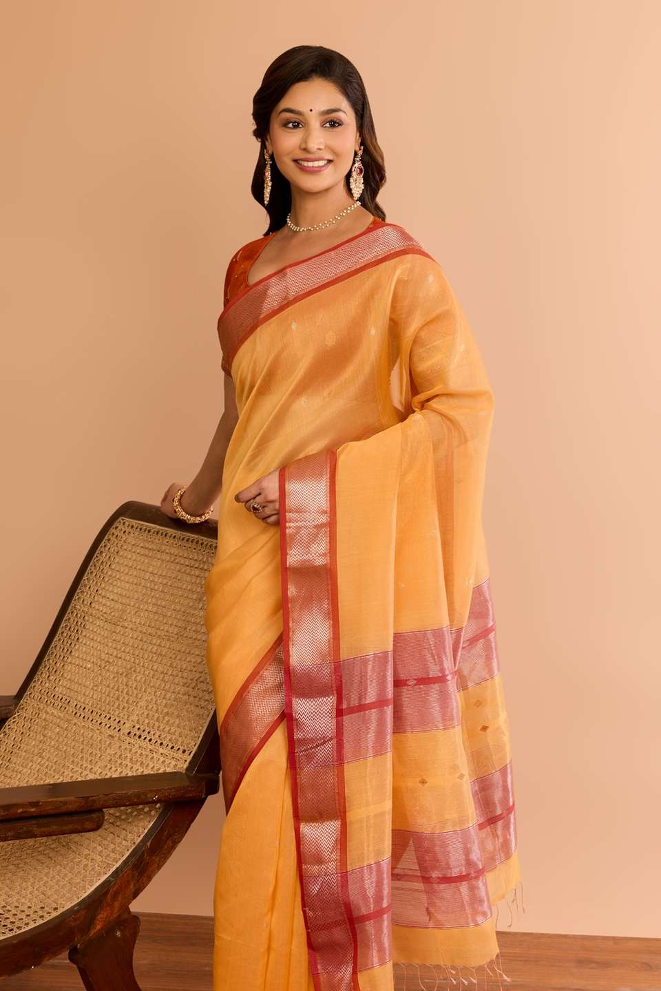 Light Orange Woven Pure Silk Cotton Maheshwari Saree