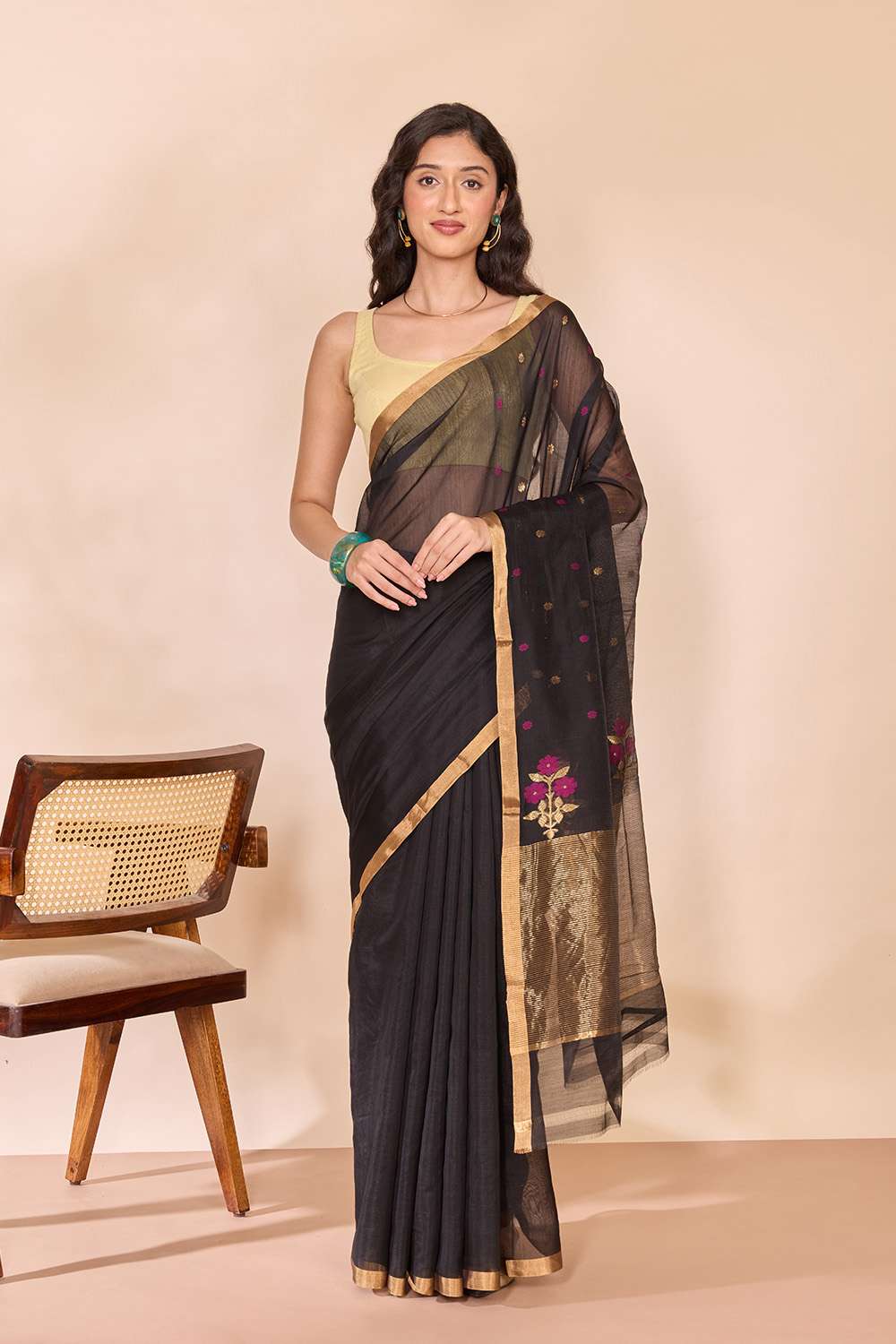 Black Woven Pure Silk Cotton Chanderi Saree image number null