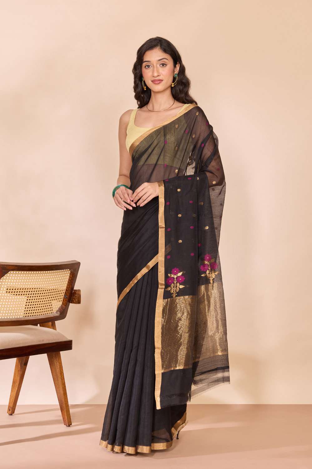Black Woven Pure Silk Cotton Chanderi Saree image number null