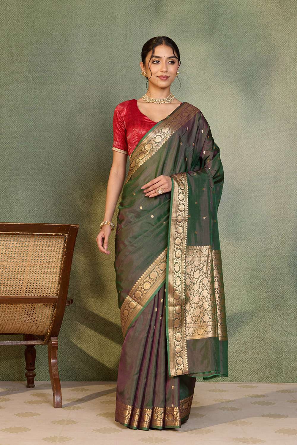 Green Silk Viscose Cutwork Banarasi Saree image number null