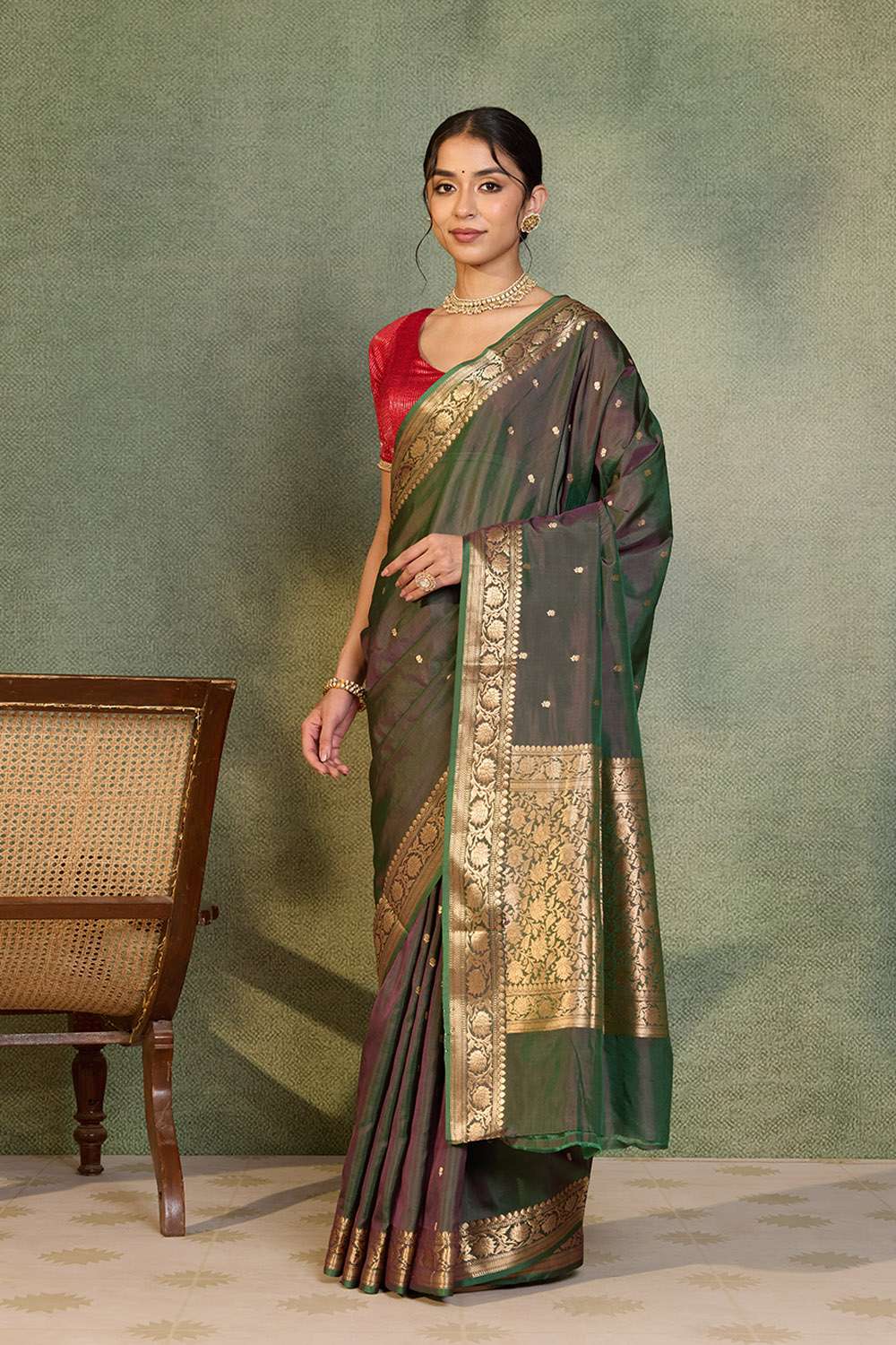 Green Silk Viscose Cutwork Banarasi Saree image number null