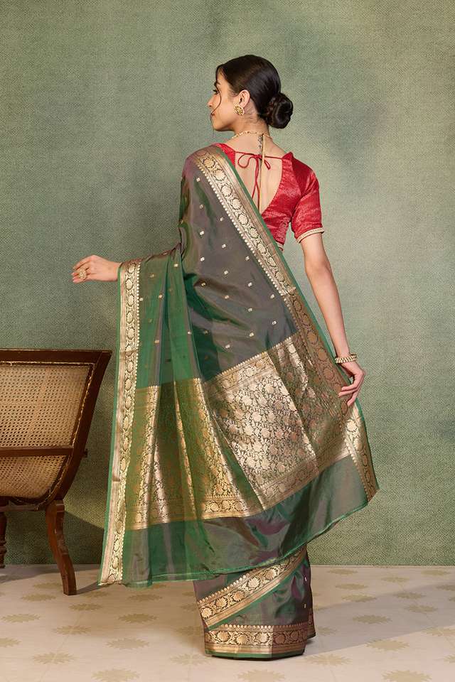Green Silk Viscose Cutwork Banarasi Saree thumbnail image number null