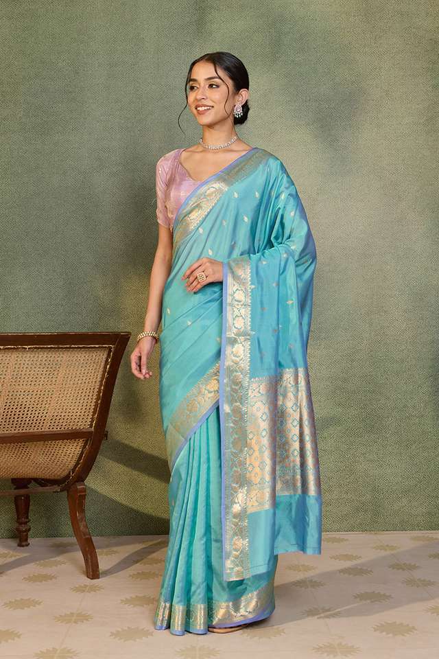 Light Blue Silk Viscose Cutwork Banarasi Saree thumbnail image number null