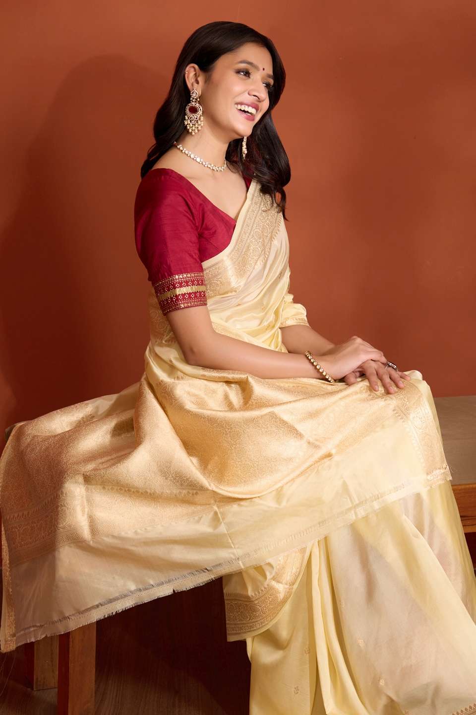 Off White Silk Viscose Banaras Cutwork Saree
