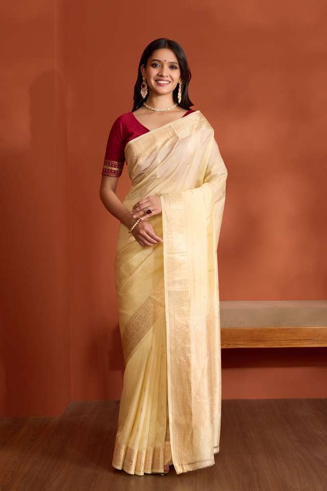 Off White Silk Viscose Banaras Cutwork Saree thumbnail image number null