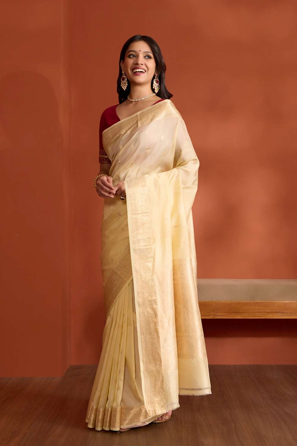 Off White Silk Viscose Banaras Cutwork Saree image number null