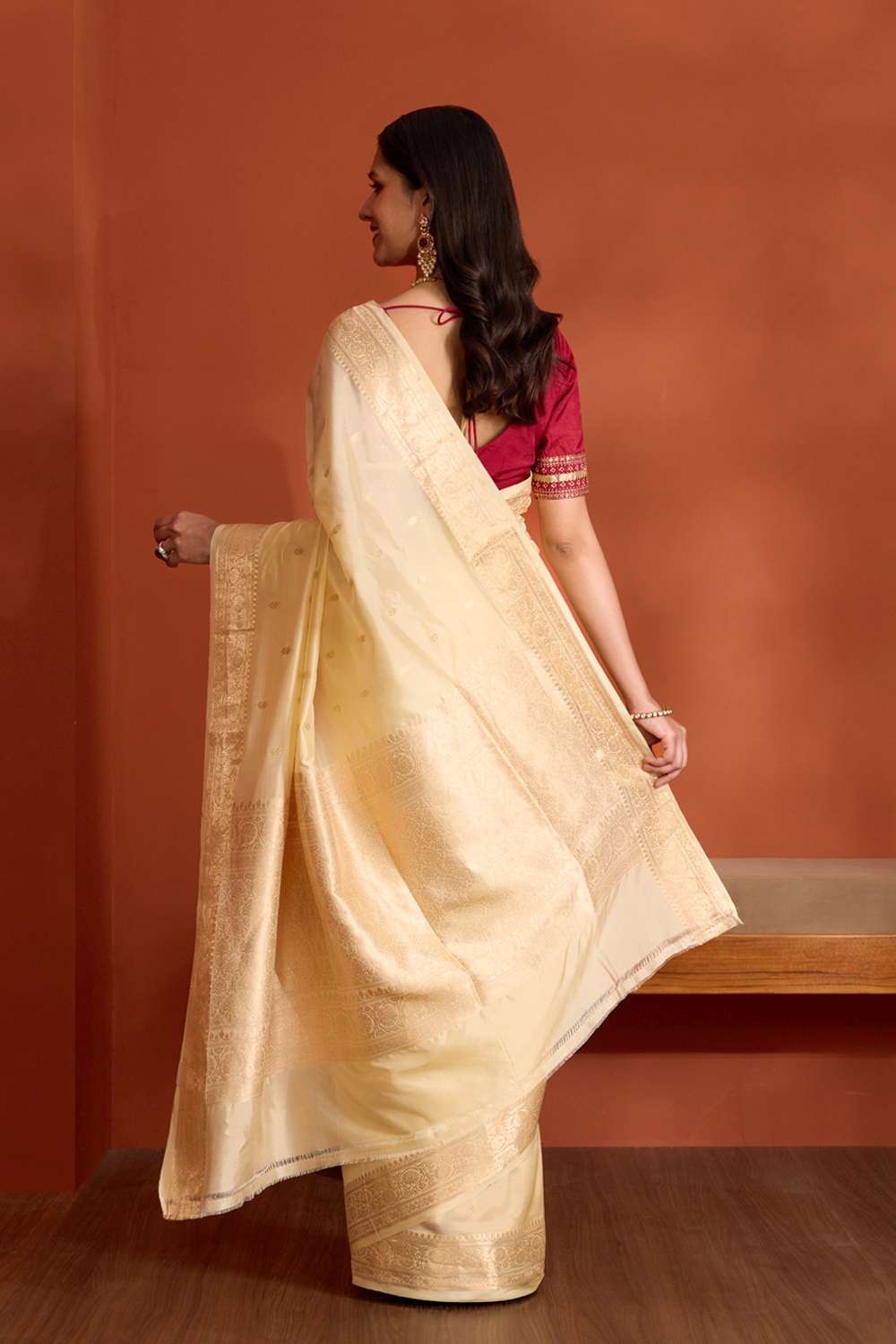 Off White Silk Viscose Banaras Cutwork Saree image number null
