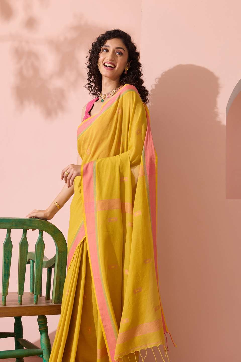 Yellow Woven Pure Cotton Bengal Saree