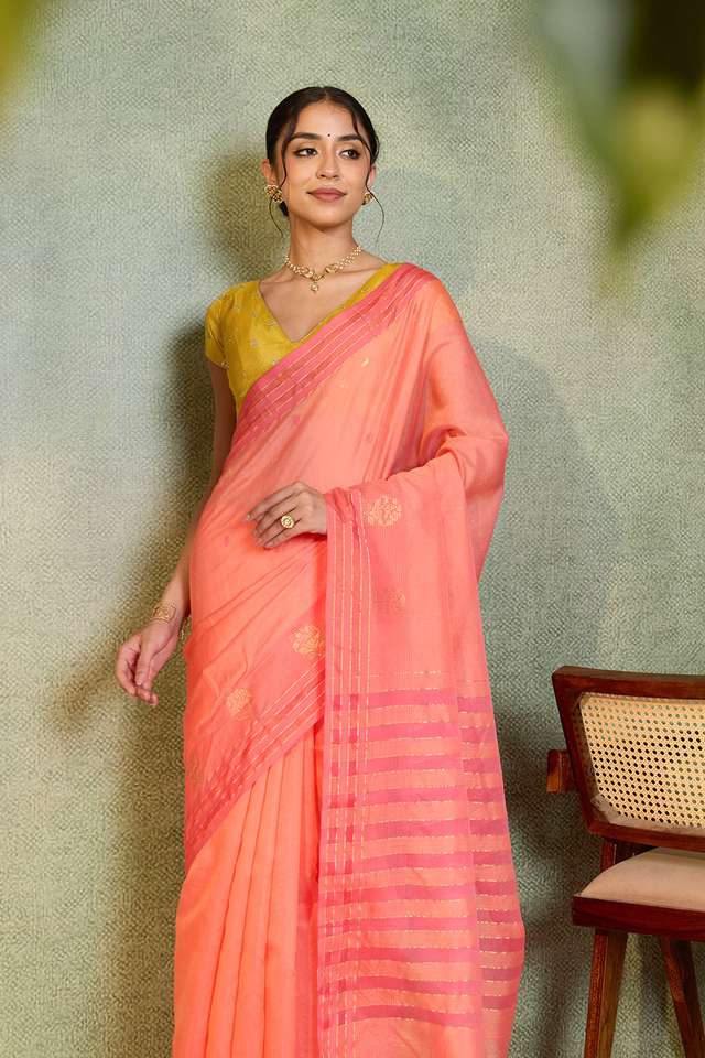 Orange Woven Pure Silk Cotton Chanderi Saree image number