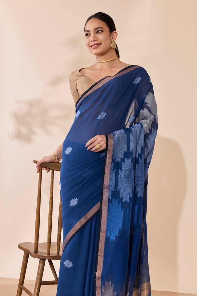 Dark Blue Woven Pure Cotton Bengal Saree image number