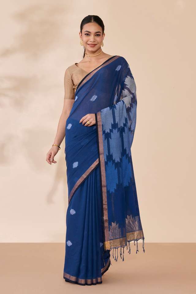 Dark Blue Woven Pure Cotton Bengal Saree thumbnail image number null