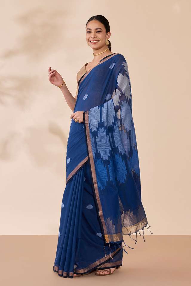 Dark Blue Woven Pure Cotton Bengal Saree thumbnail image number null