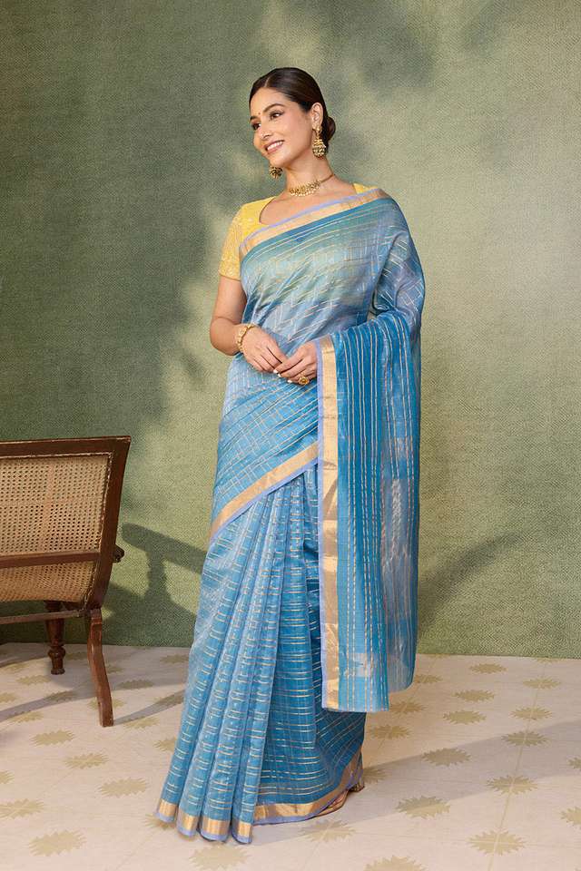 Blue Woven Pure Silk Cotton Saree thumbnail image number null