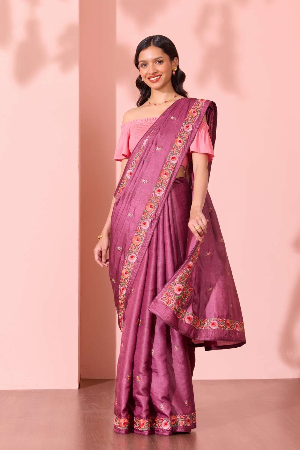 Purple Bengal Pure Tussar Silk Embroidered Saree image number null