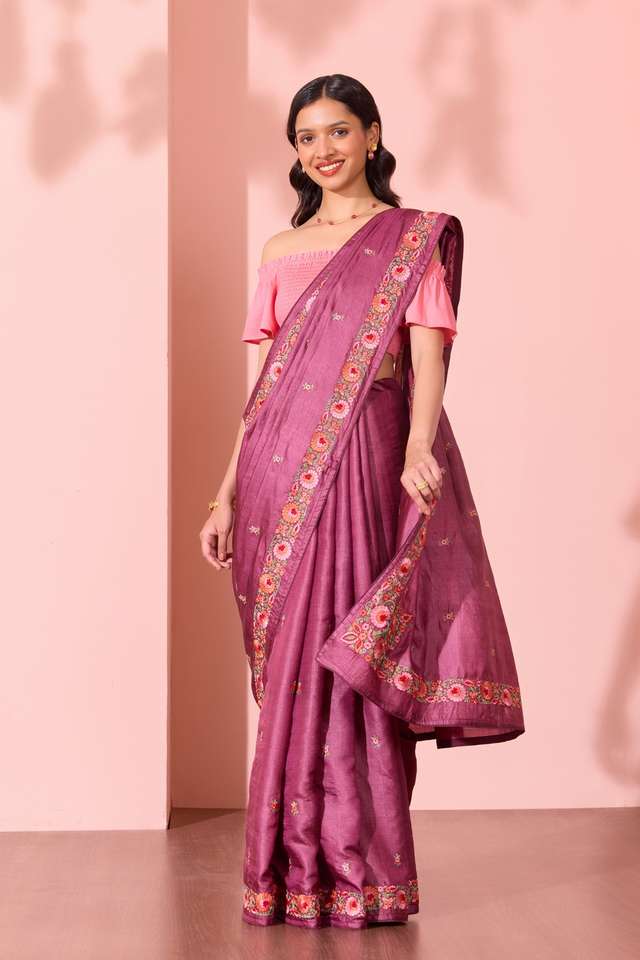 Purple Bengal Pure Tussar Silk Embroidered Saree thumbnail image number null