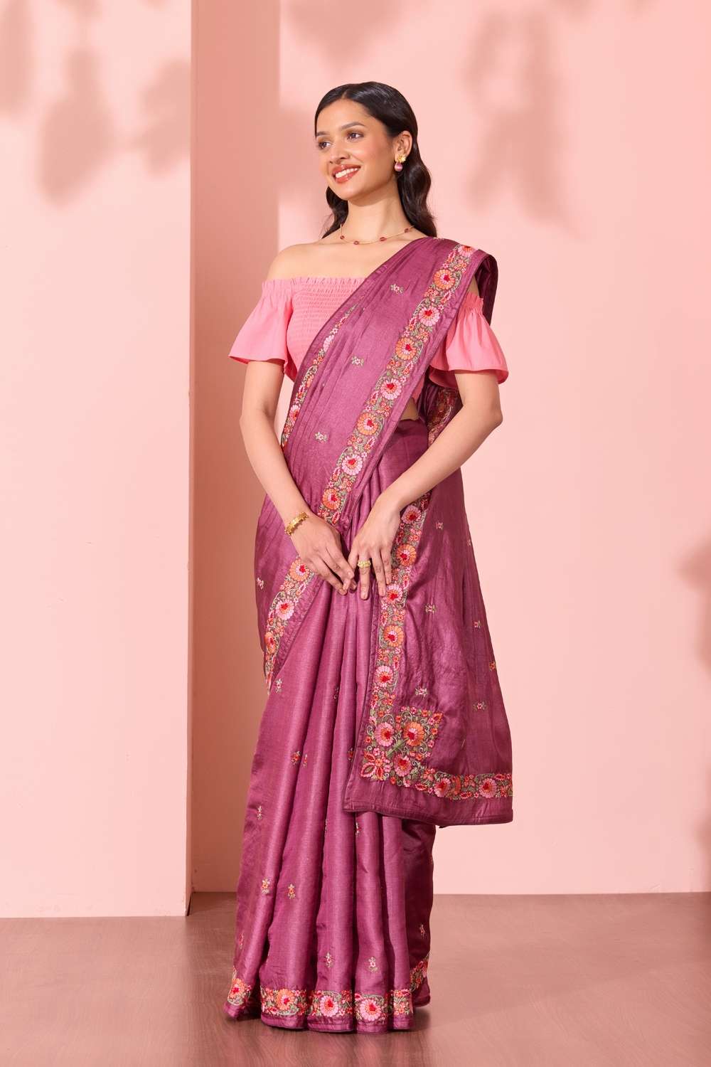 Purple Bengal Pure Tussar Silk Embroidered Saree image number null