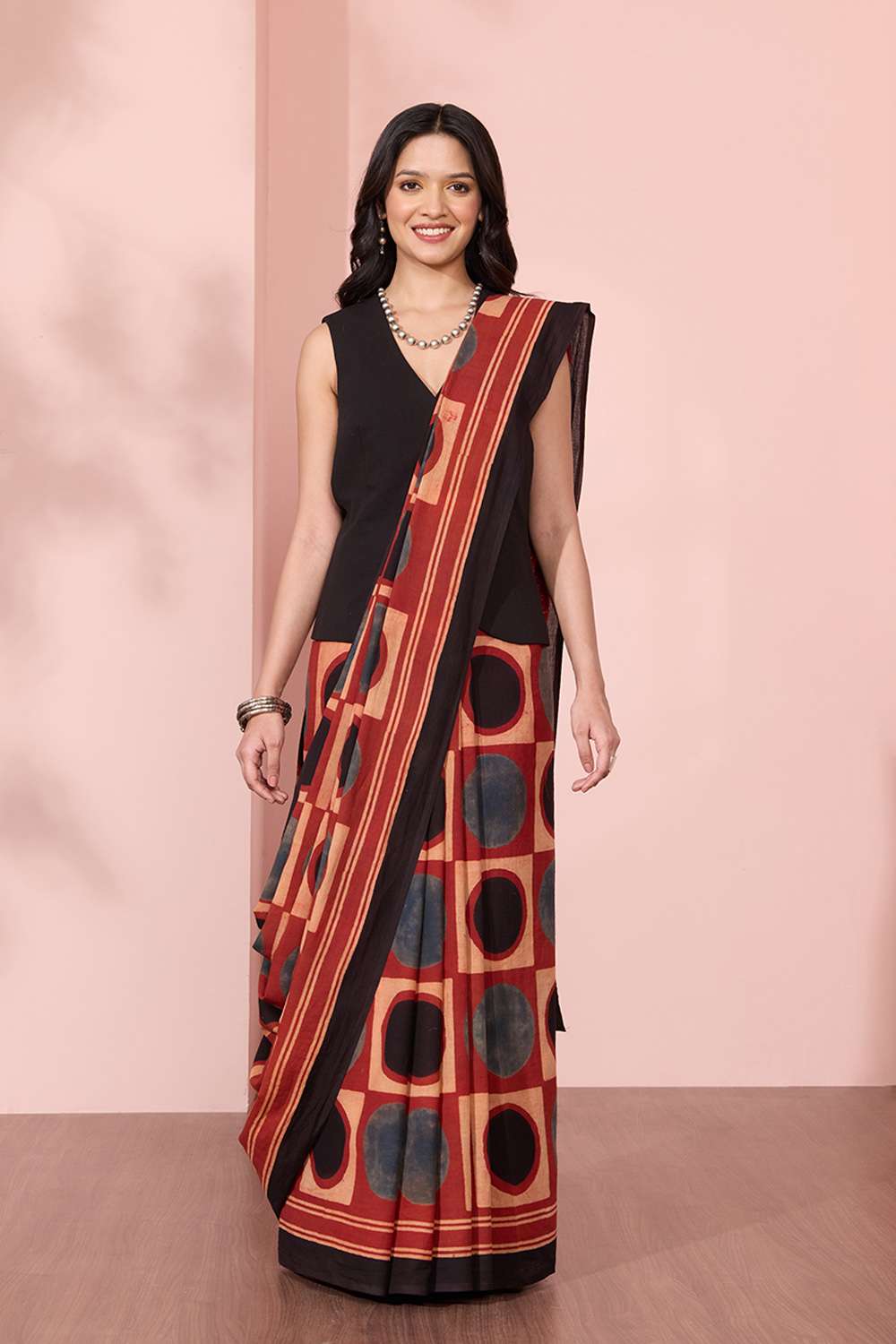 Red Gujarat Pure Cotton Ajrakh Saree image number null