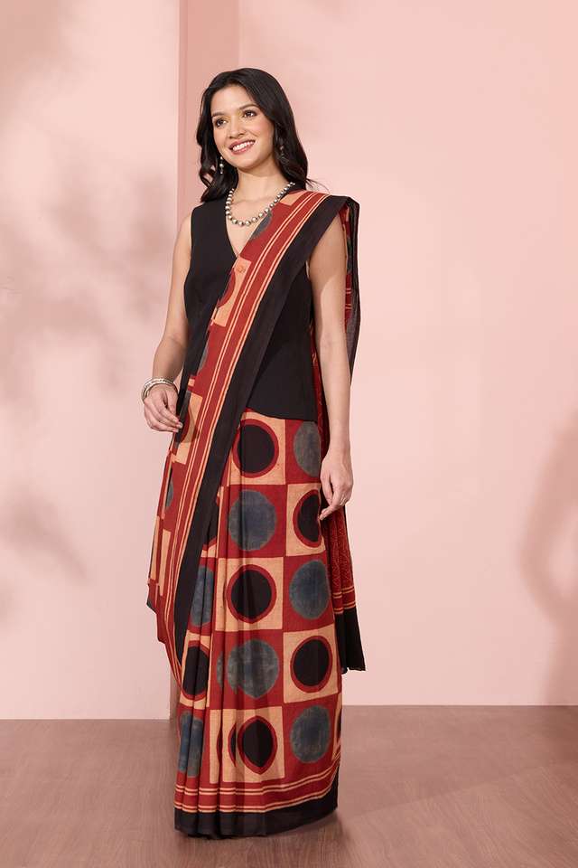 Red Gujarat Pure Cotton Ajrakh Saree thumbnail image number null