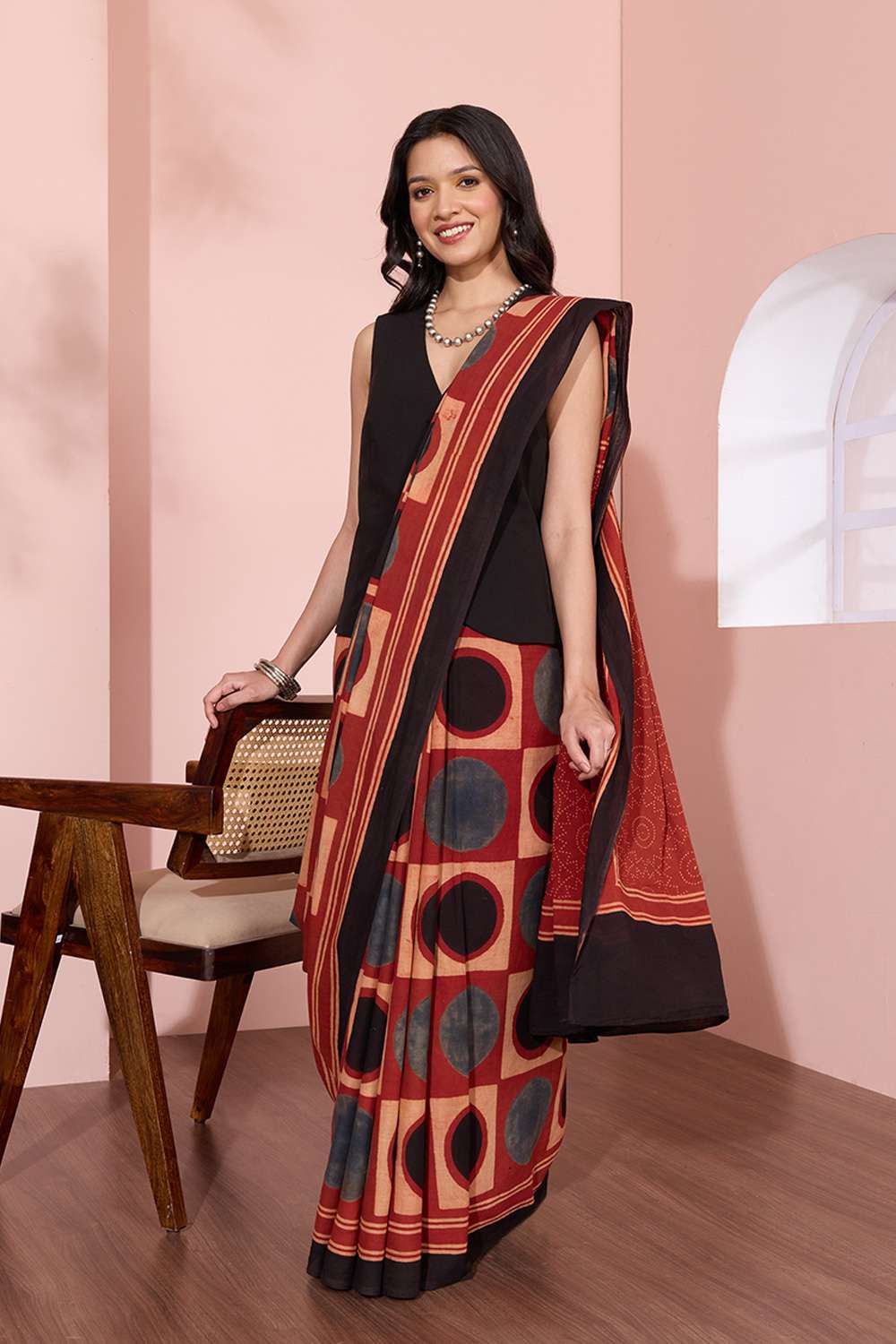 Red Gujarat Pure Cotton Ajrakh Saree image number null