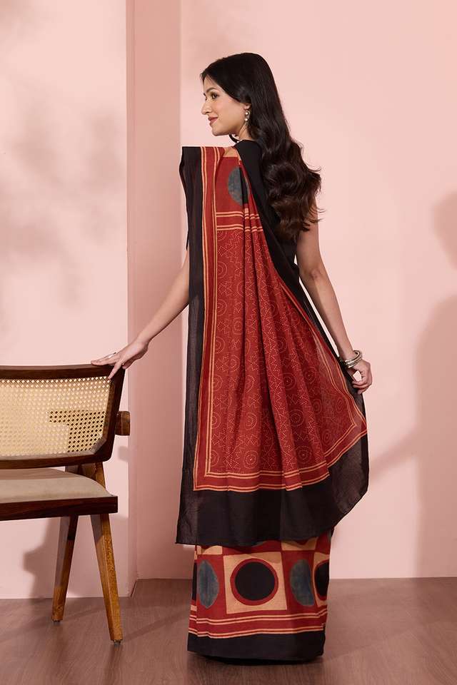 Red Gujarat Pure Cotton Ajrakh Saree thumbnail image number null